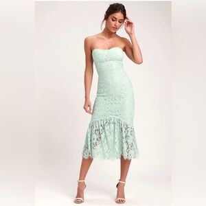 Lulu’s Divine Nights Mint Green Lace Strapless Midi Dress